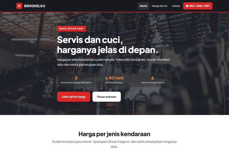 Tampilan halaman depan template Bengkel & Cuci Mobil