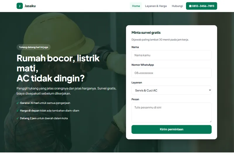 Tampilan halaman depan template Jasa & Perbaikan