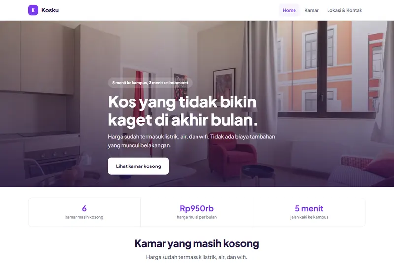 Tampilan halaman depan template Kos & Homestay